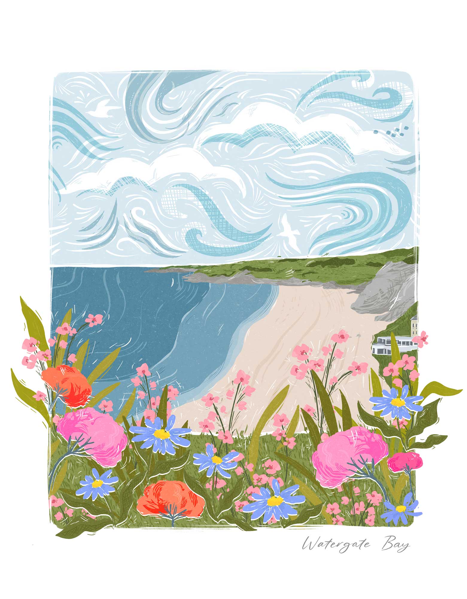 Watergate Bay Lino framed print featuring a coastal landscape with blue sea, sandy beach, and colourful wildflowers.