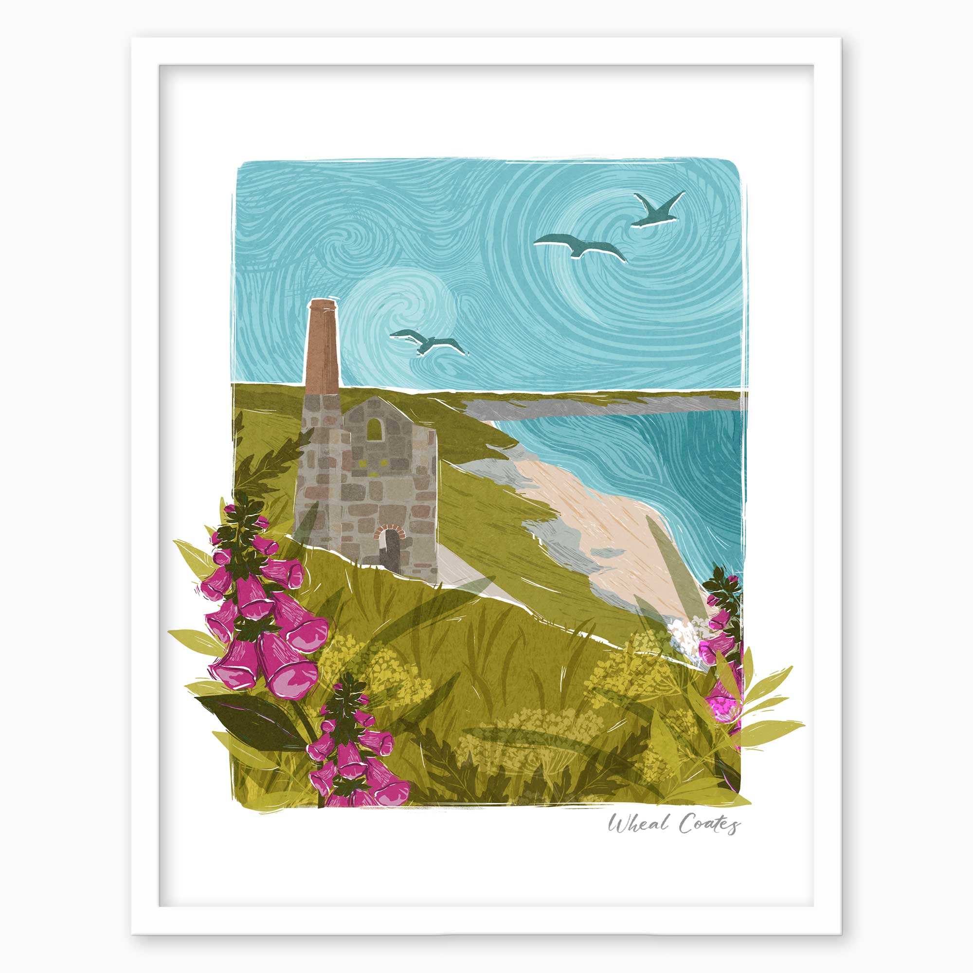 Wheal Coates lino print in a white frame, featuring a coastal tin mine, pink foxgloves, and seagulls in a swirling sky.