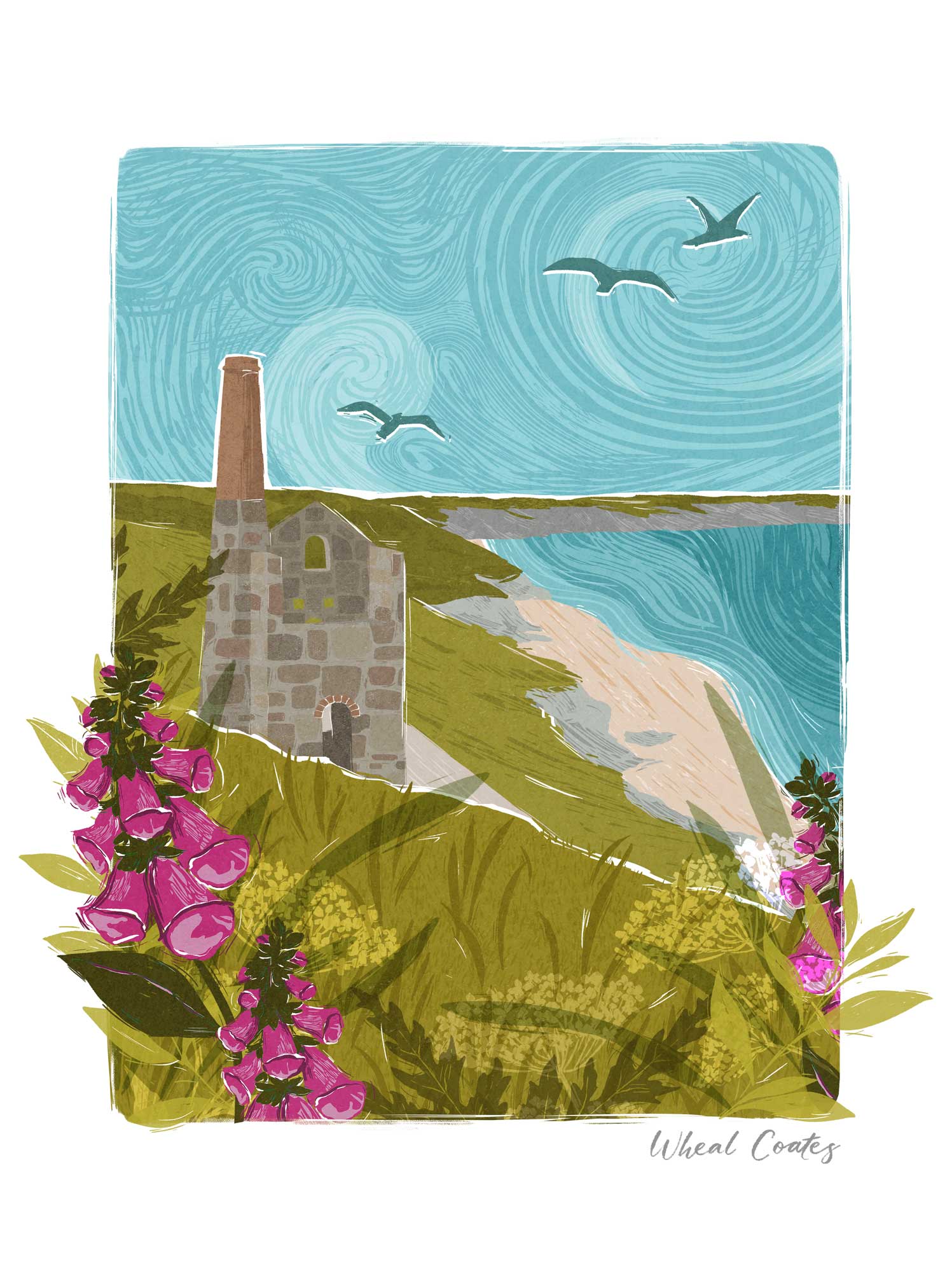 Wheal Coates lino print featuring a stone engine house, coastal cliffs, blue swirling sky, and vibrant pink foxgloves.