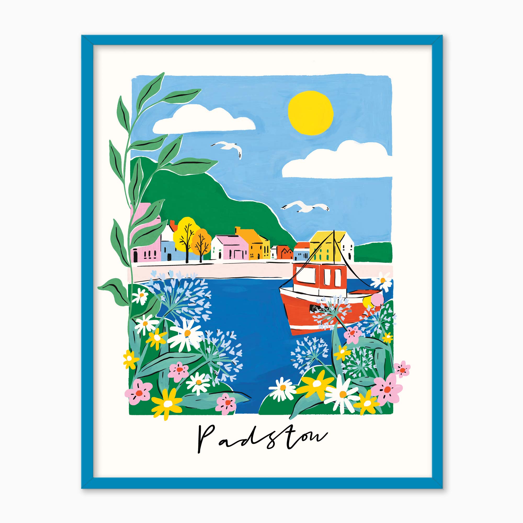 Padstow Brights framed print featuring a colourful harbour scene with a red boat, vibrant flowers, and a blue frame.