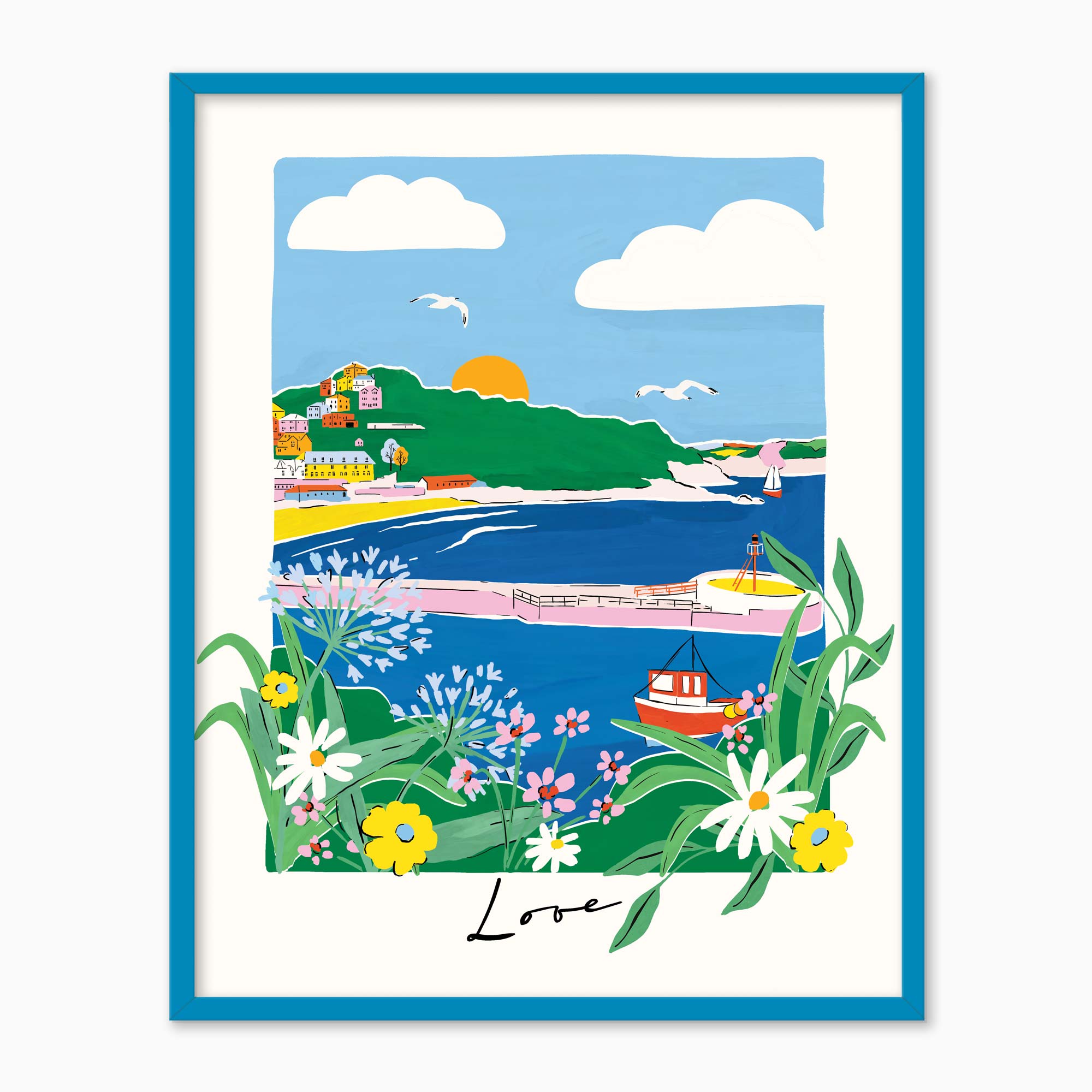 Looe Brights framed print featuring a colourful coastal landscape with flowers, a harbour, and the word Love.