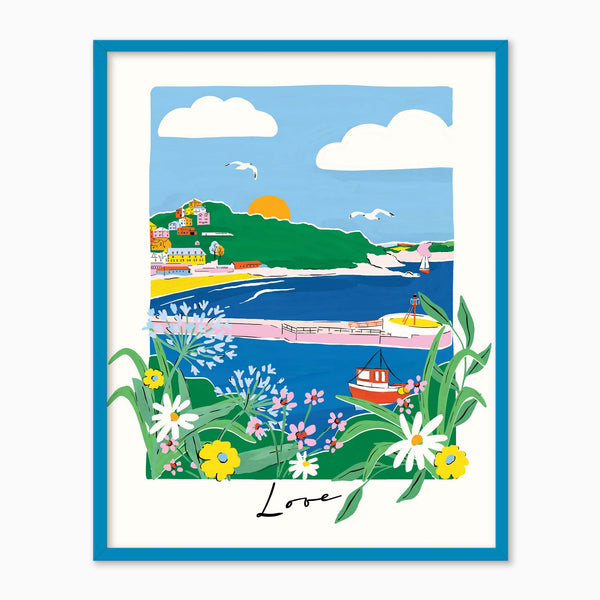 Looe Brights framed print featuring a colourful coastal landscape with flowers, a harbour, and the word Love.