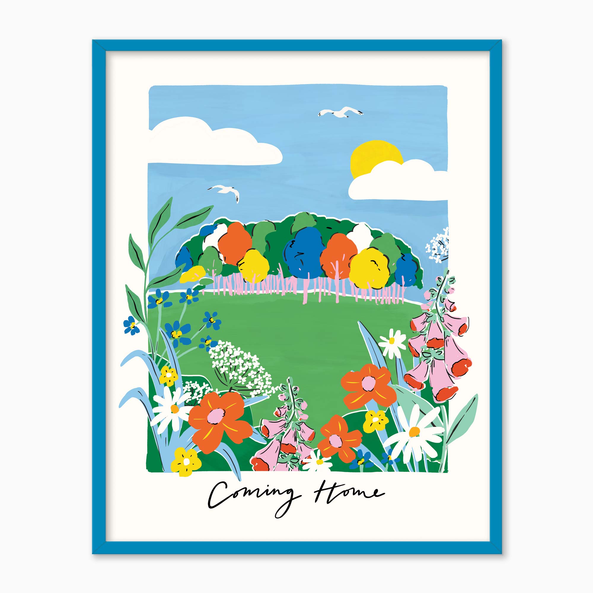 Coming Home Brights framed print featuring a colourful landscape of vibrant trees, flowers, and a blue sky.