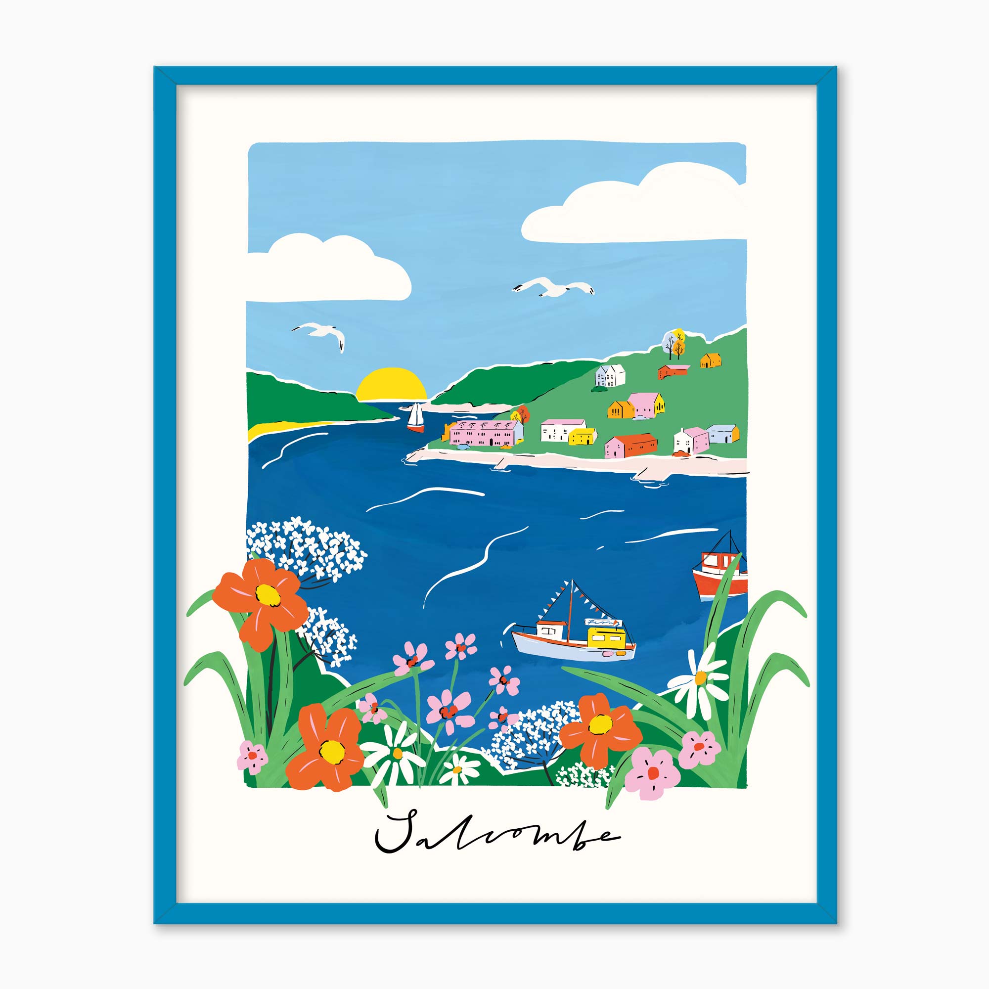 Salcombe Brights framed print featuring a colourful coastal landscape with boats, flowers, and a blue frame.