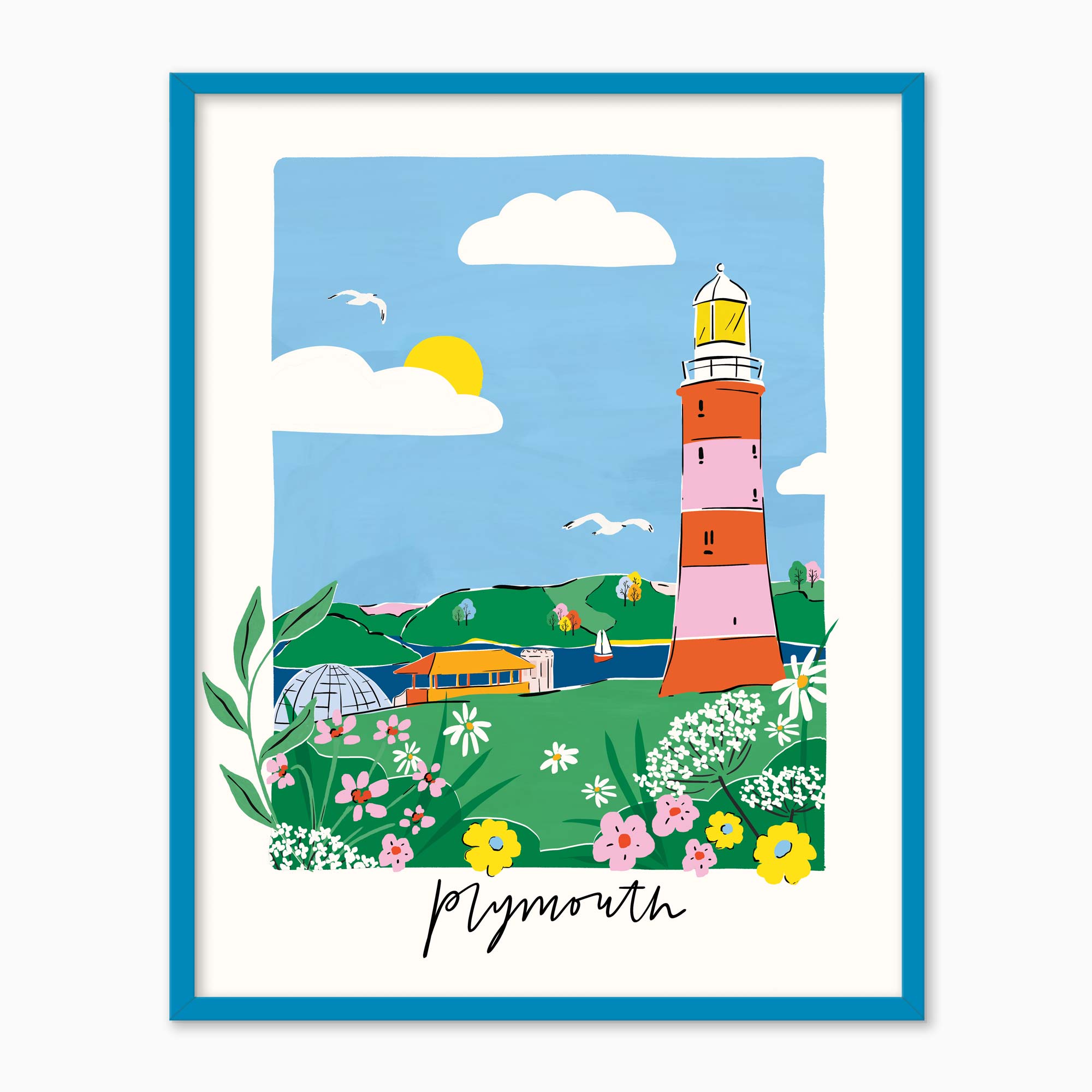Plymouth Brights framed print featuring a colourful lighthouse, coastal landscape, and wildflowers in a blue frame.