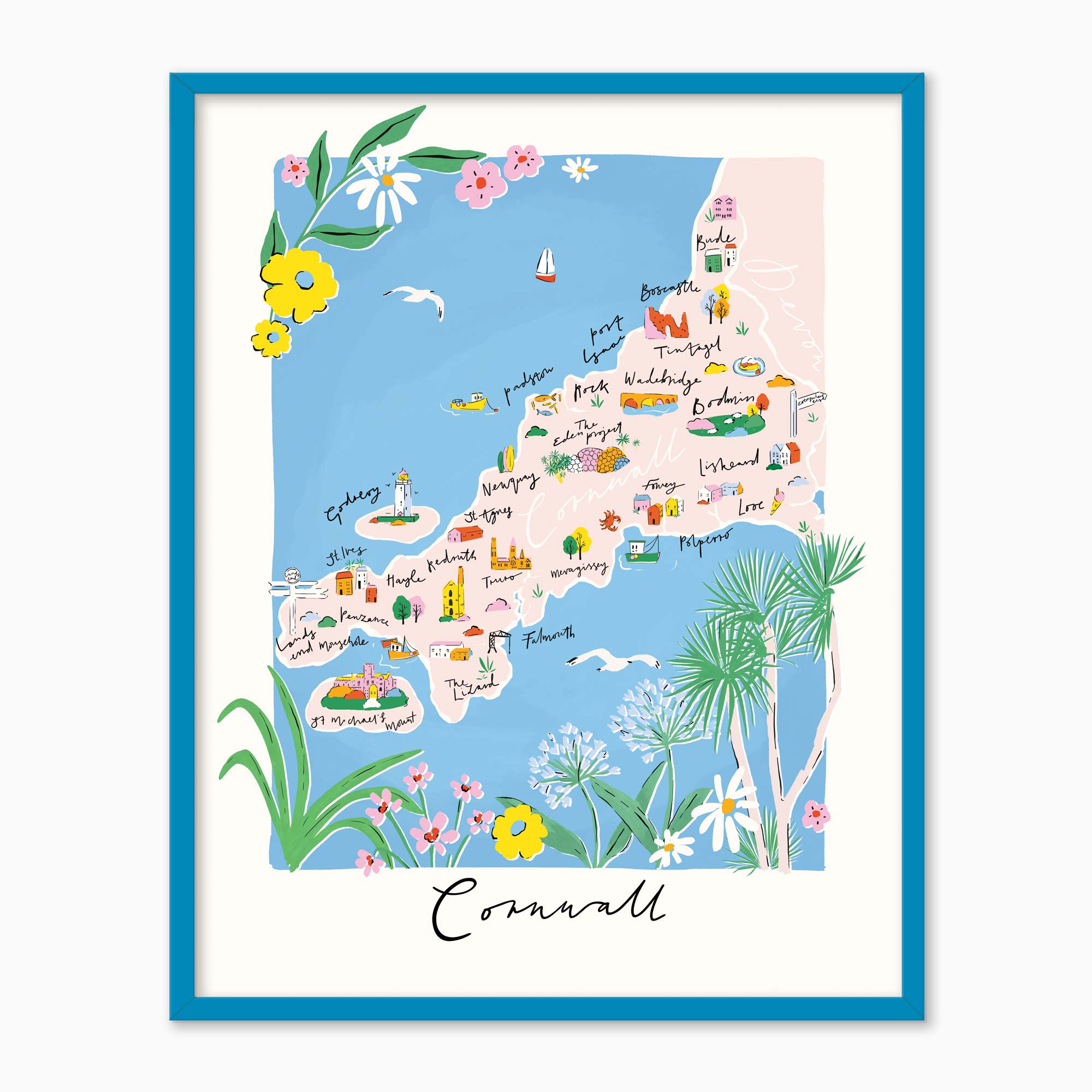 Cornwall Brights Framed Print featuring a colourful illustrated map of Cornwall with coastal landmarks in a blue frame.