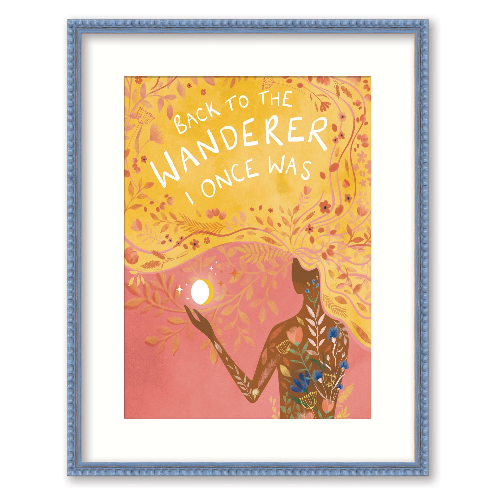 Back To The Wanderer framed print featuring a woman with floral hair holding a moon against a yellow and pink background.
