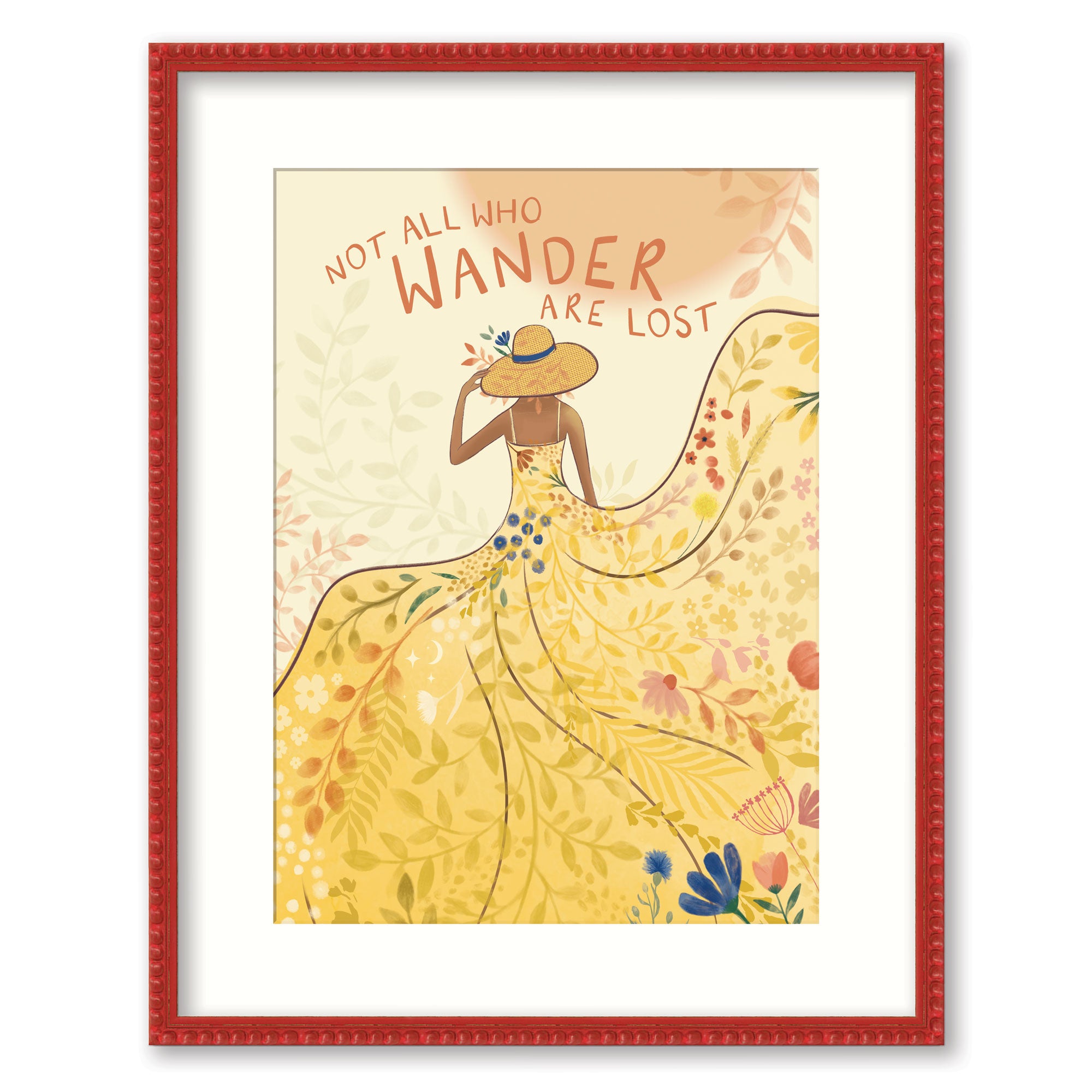 All Who Wander framed print featuring a woman in a floral yellow dress and sun hat, set in a decorative red frame.
