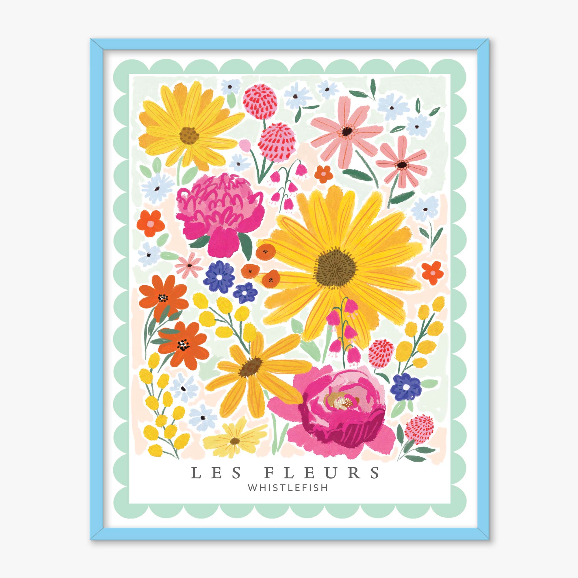 Les Fleurs framed print featuring a vibrant floral illustration in a light blue frame with a scalloped mint green border.