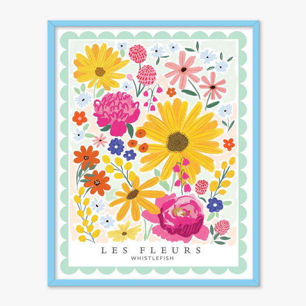 Les Fleurs framed print featuring a vibrant floral illustration in a light blue frame with a scalloped mint green border.