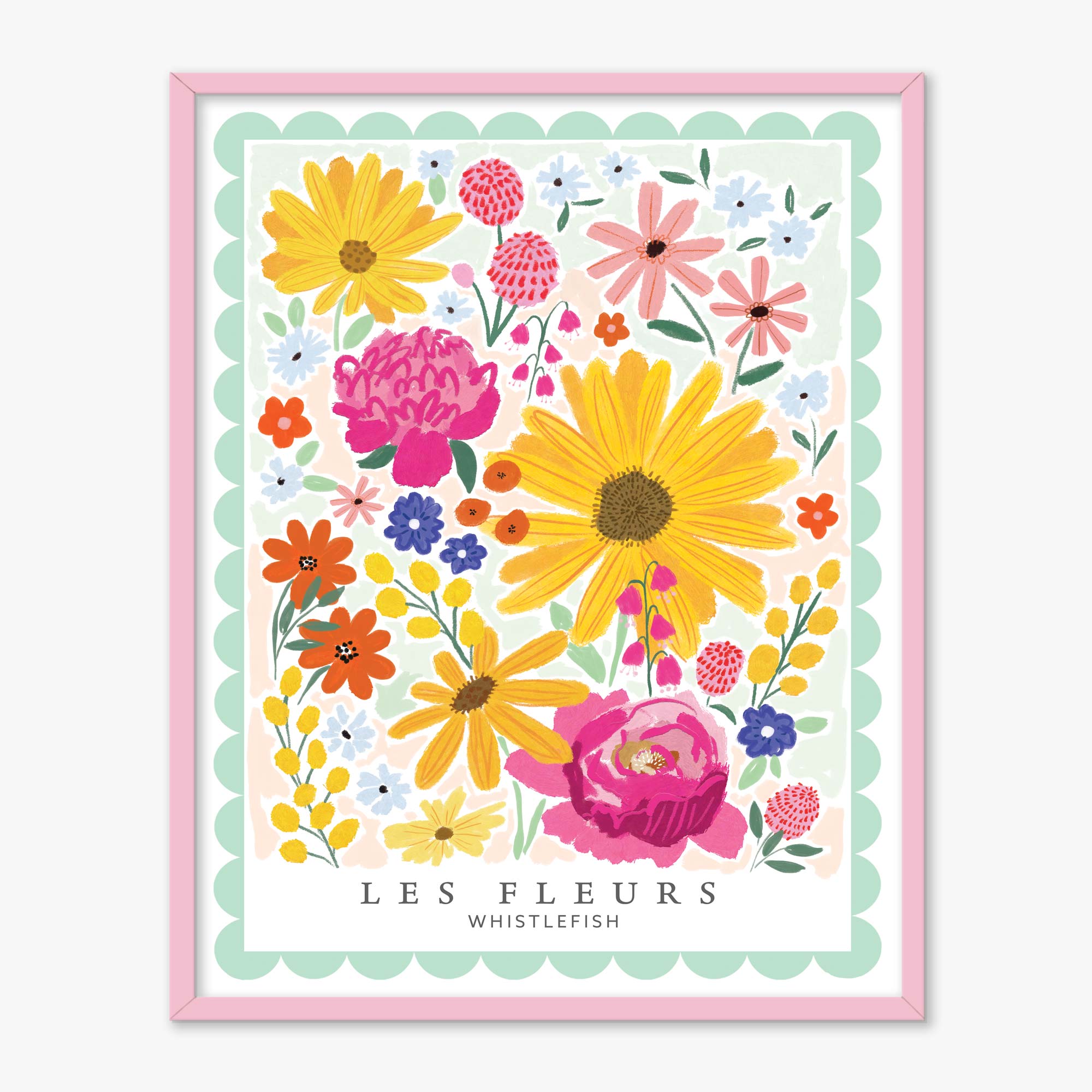 Les Rose Fleurs framed print featuring a colourful floral illustration with a scalloped mint green border in a pink frame.