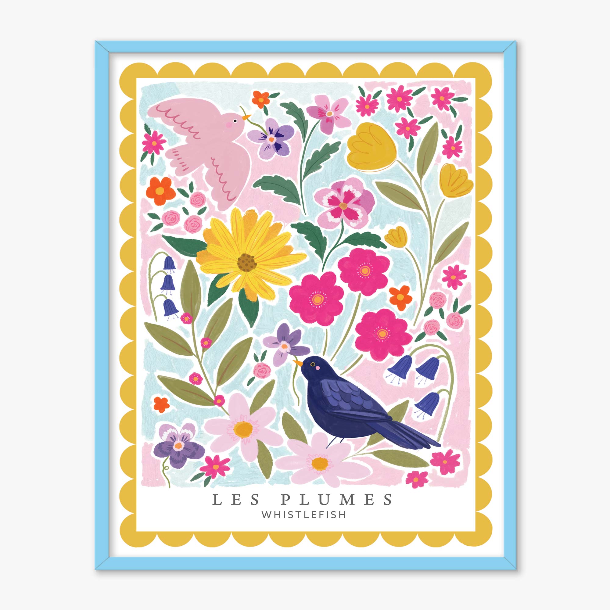 Les Blu Plumes framed print featuring a black bird and pink bird amongst colourful flowers in a light blue frame.