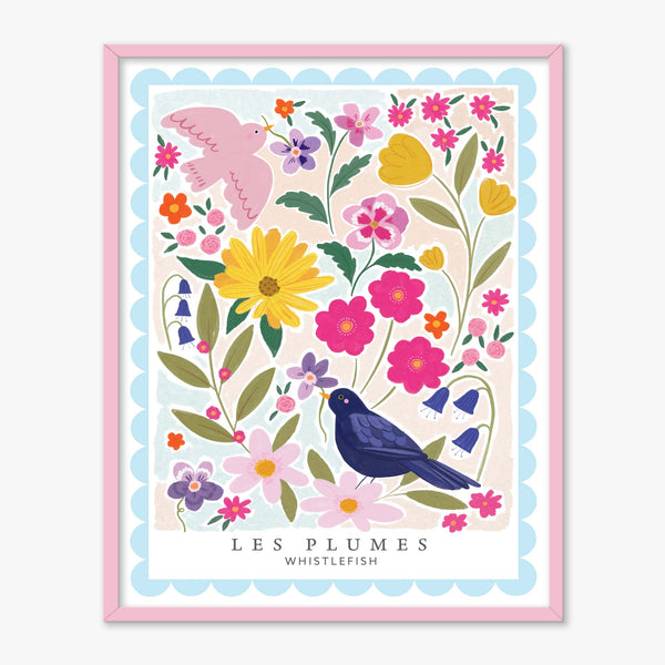 Les Rose Plumes framed print featuring a blackbird and pink bird among colourful flowers in a light blue scalloped border.