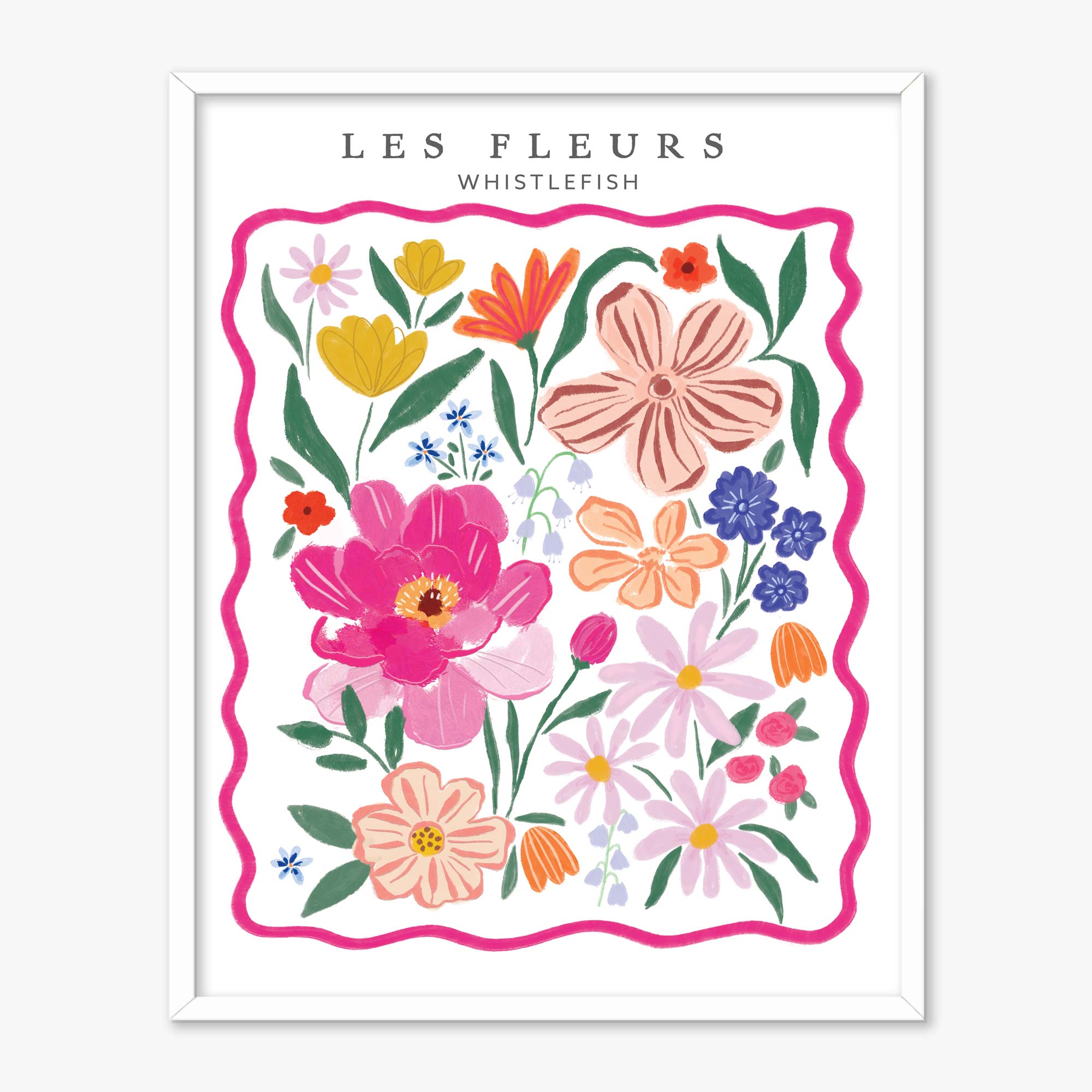 Les Fleurs pink framed print featuring a colourful botanical illustration of assorted flowers in a white frame.