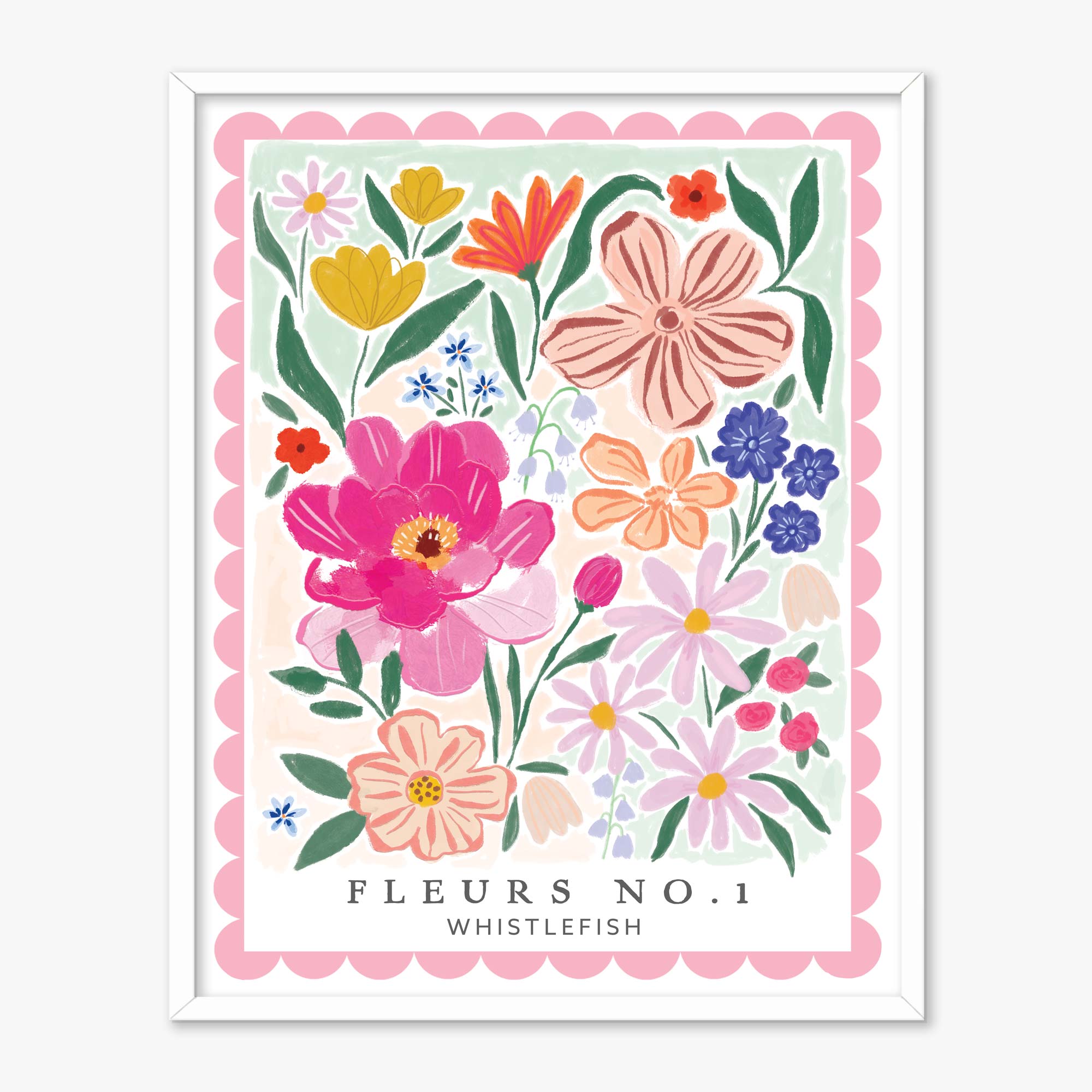 Fleurs No.1 framed print featuring a colourful botanical illustration of assorted flowers with a scalloped pink border.