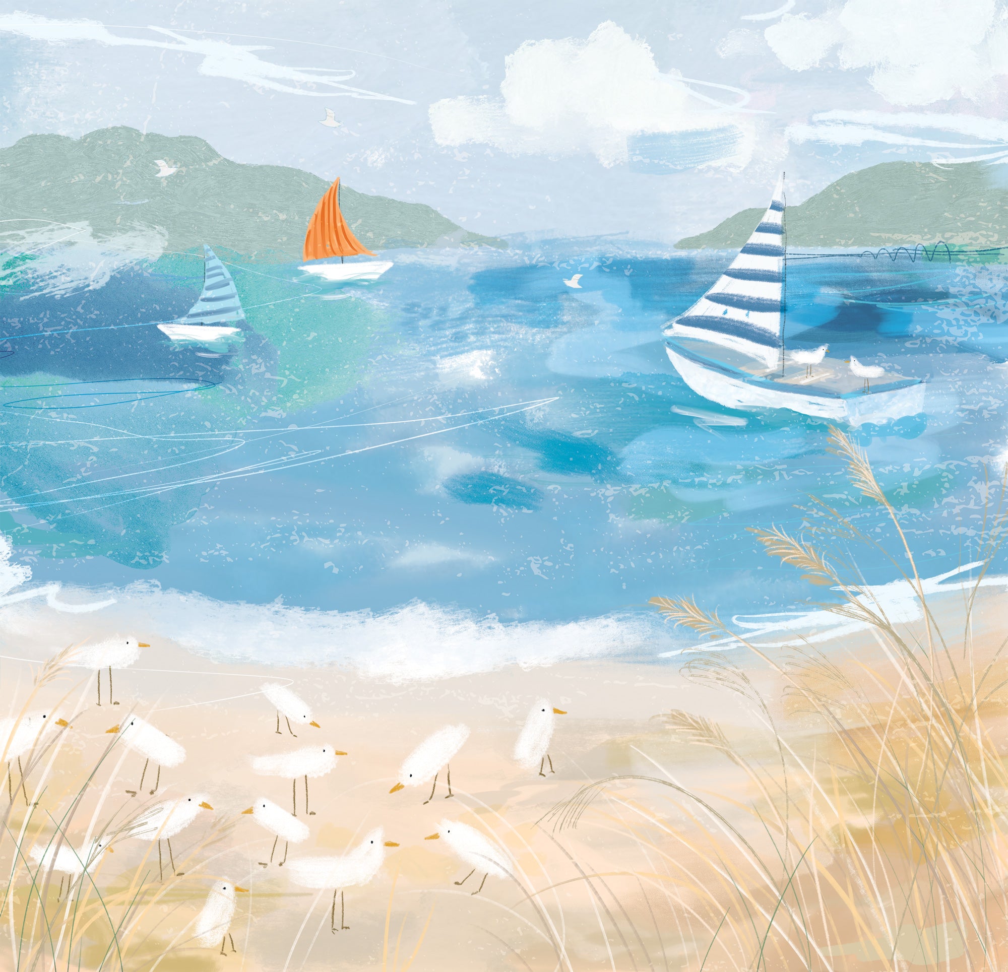 WF1381F - Sails and Shorebirds Framed Print