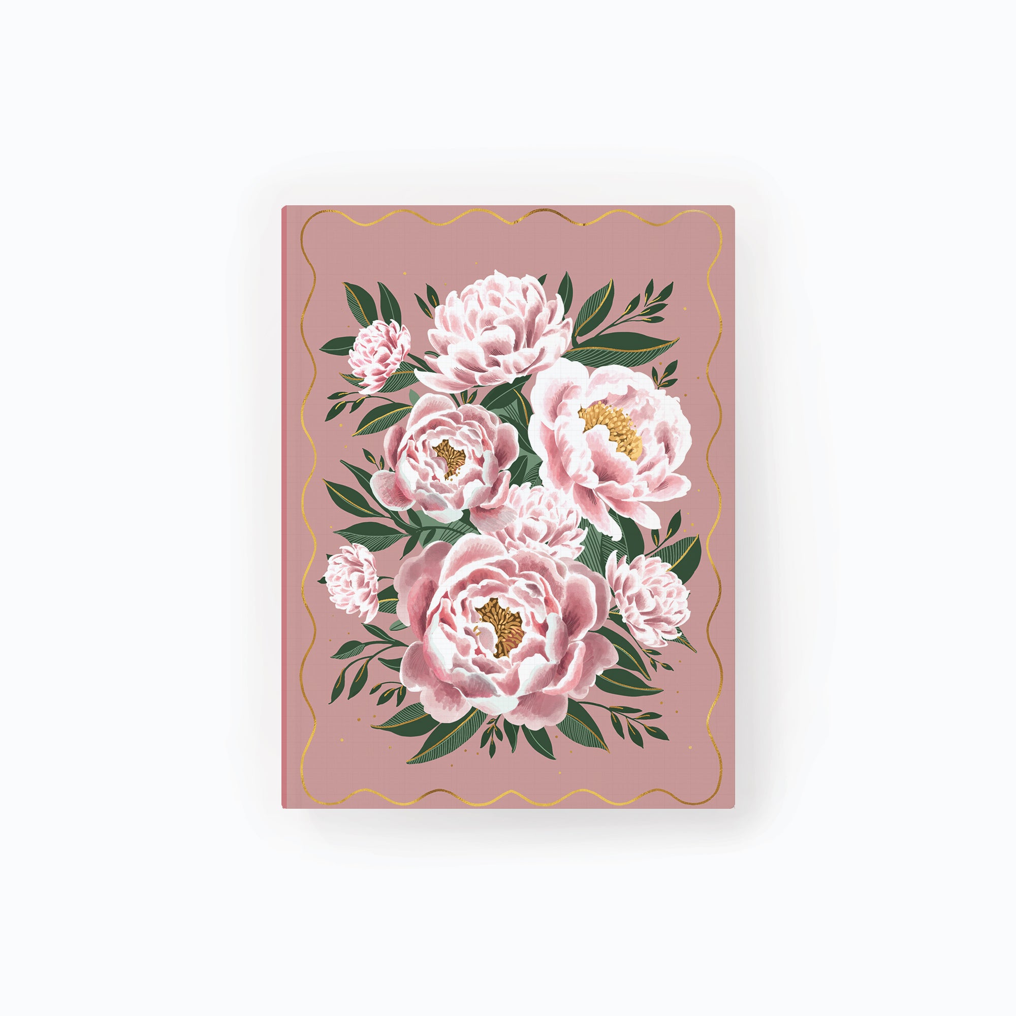 Peonies Notebook featuring a bouquet of pink flowers and green leaves on a dusky pink background with a scalloped border.