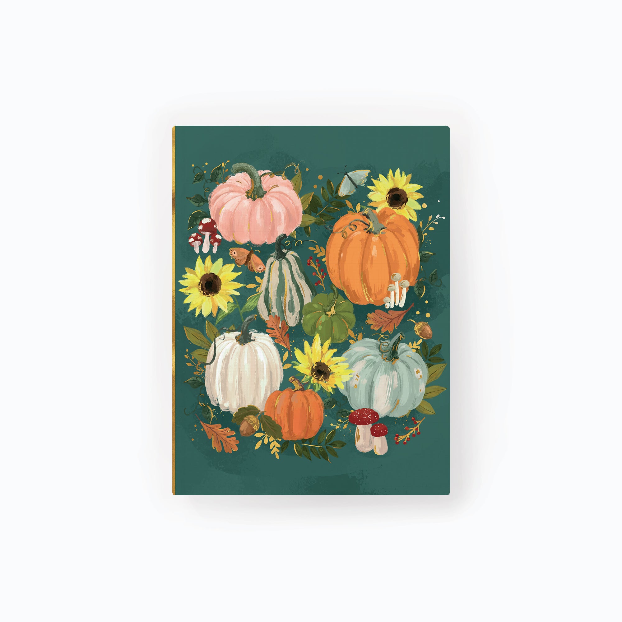 Pumpkin Patch notebook with a dark green cover featuring colourful pumpkins, sunflowers, mushrooms, and autumn leaves.