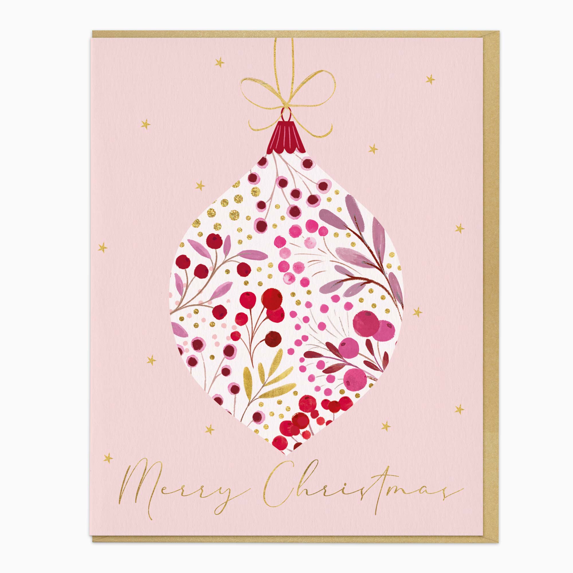 Bursting Berry Bauble Christmas card on a pale pink background with gold stars and a matching gold envelope.
