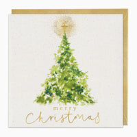 Golden Tree Christmas card featuring a watercolour green tree, gold star, and Merry Christmas text with a gold envelope.