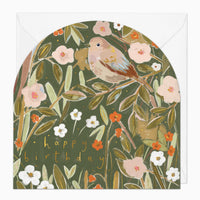 Arch-shaped Bird Among Wildflowers Birthday card featuring a bird perched in a green garden with pink and white flowers.