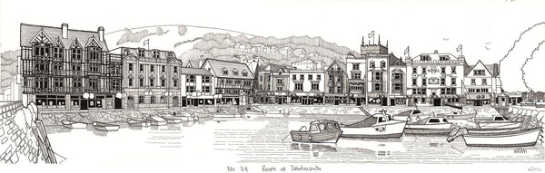 Black and white ink illustration of Boats At Dartmouth, featuring a harbourfront with historic buildings and moored boats.