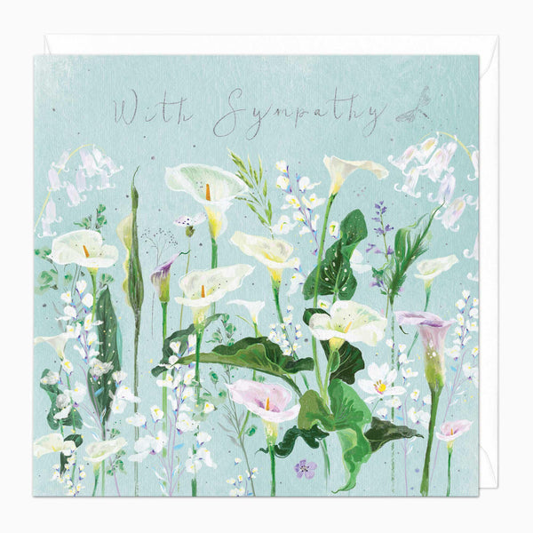 Calla Lily Sympathy Card featuring white lilies and bluebells on a pale blue background with the text With Sympathy.
