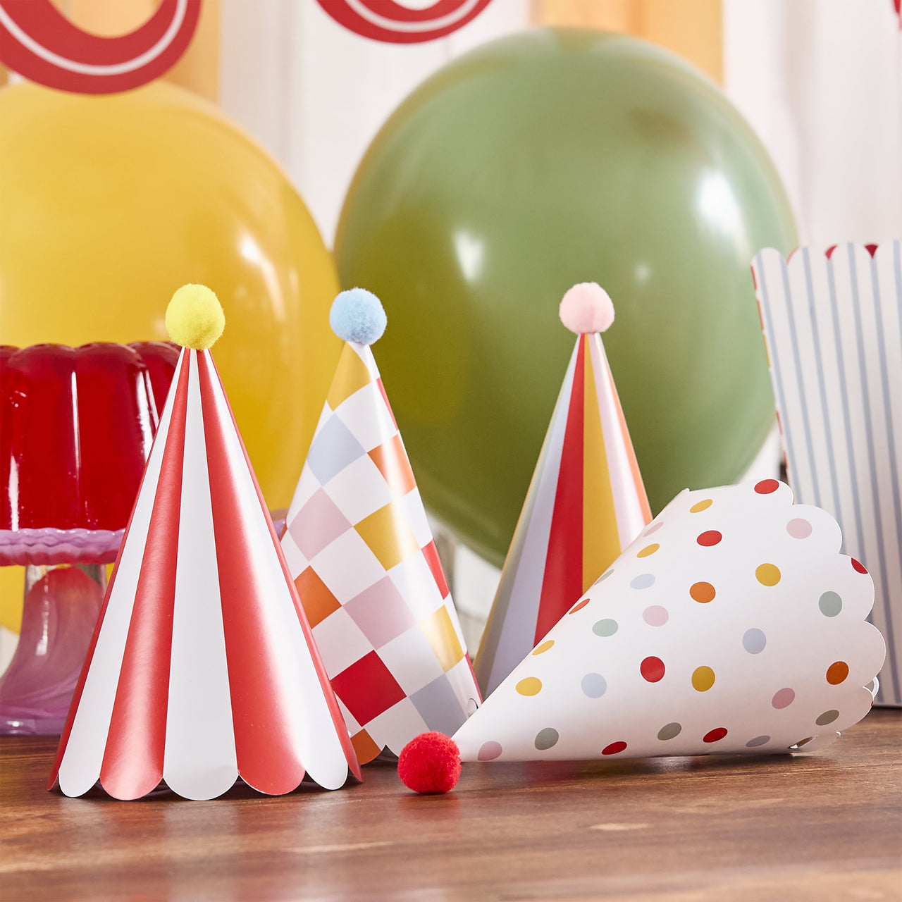 Party Hats-HBCP107 - Circus Party Hats with Pom Poms-Hootyballoo