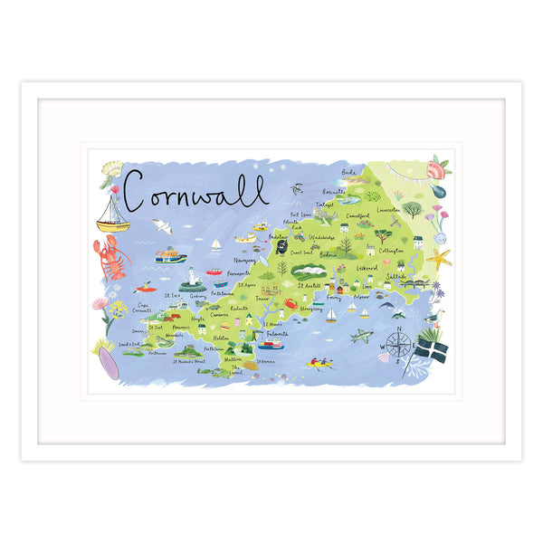 Cornwall Map Landscape Framed Print Large - Whistlefish