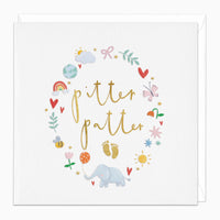 Pitter Patter new baby card featuring gold lettering surrounded by a colourful illustration of an elephant and icons.