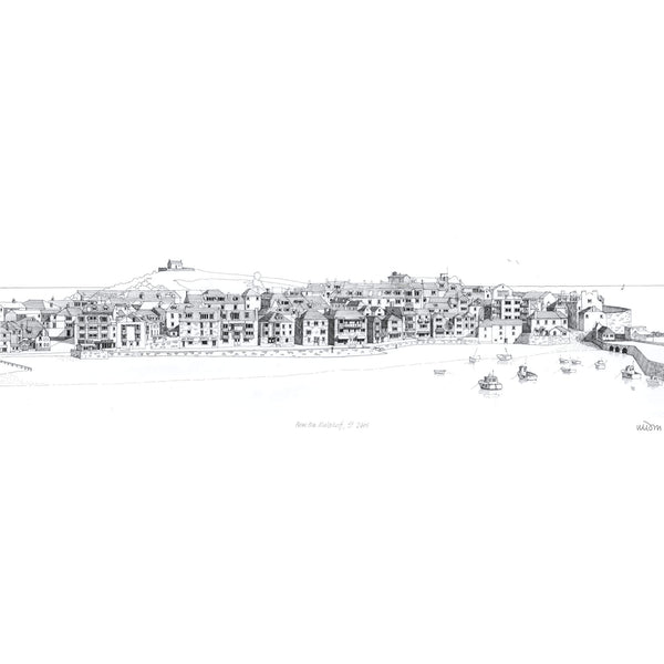 Black and white ink drawing of St Ives harbour, featuring coastal buildings and small boats, titled From the Malakoff, St Ives.