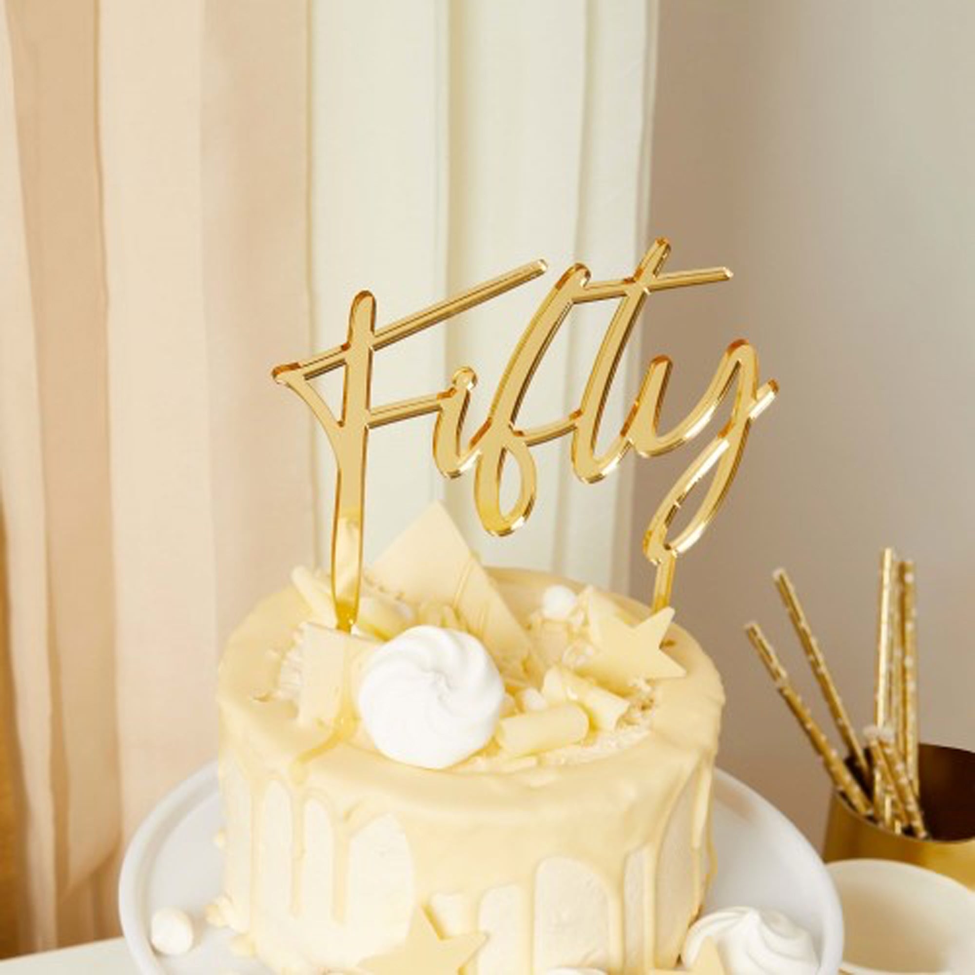 Cake Topper-HBMB105 - Gold Fifty Acrylic Cake Topper-Hootyballoo