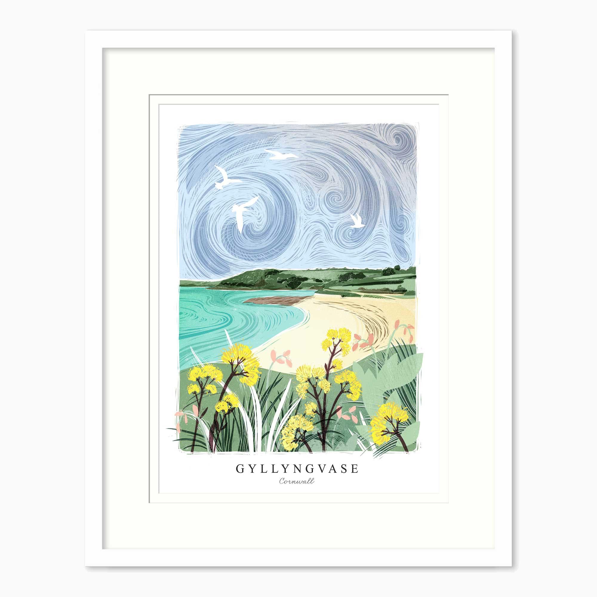 Framed Print-WF1239F - Gyllyngvase Lino Small Framed Print-Whistlefish