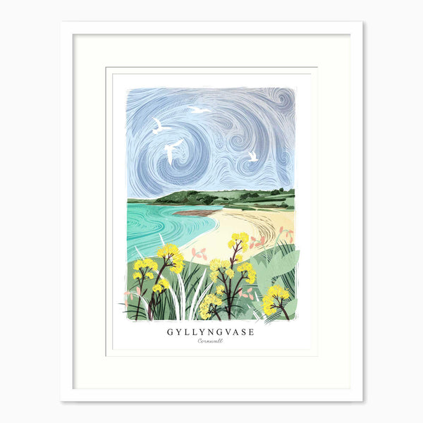 Gyllyngvase Lino small framed print featuring a coastal scene with yellow flowers, turquoise sea, and swirling blue sky.