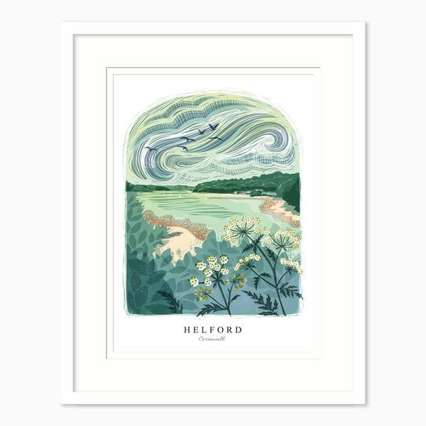 Helford Lino Small Framed Print featuring a coastal landscape with green foliage, white flowers, and a swirling sky.
