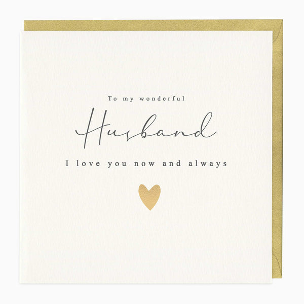 Husband greeting card with a gold heart, elegant black text, and a matching gold envelope.