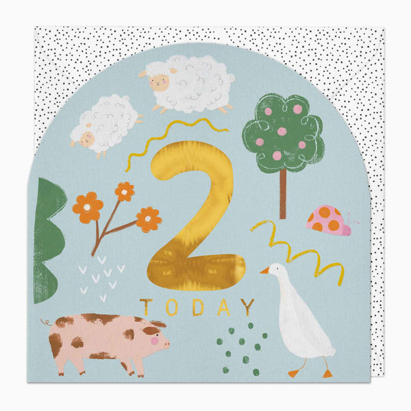 Little Joy 2nd birthday card featuring a large gold number 2, farm animals, and colourful illustrations on a blue background.