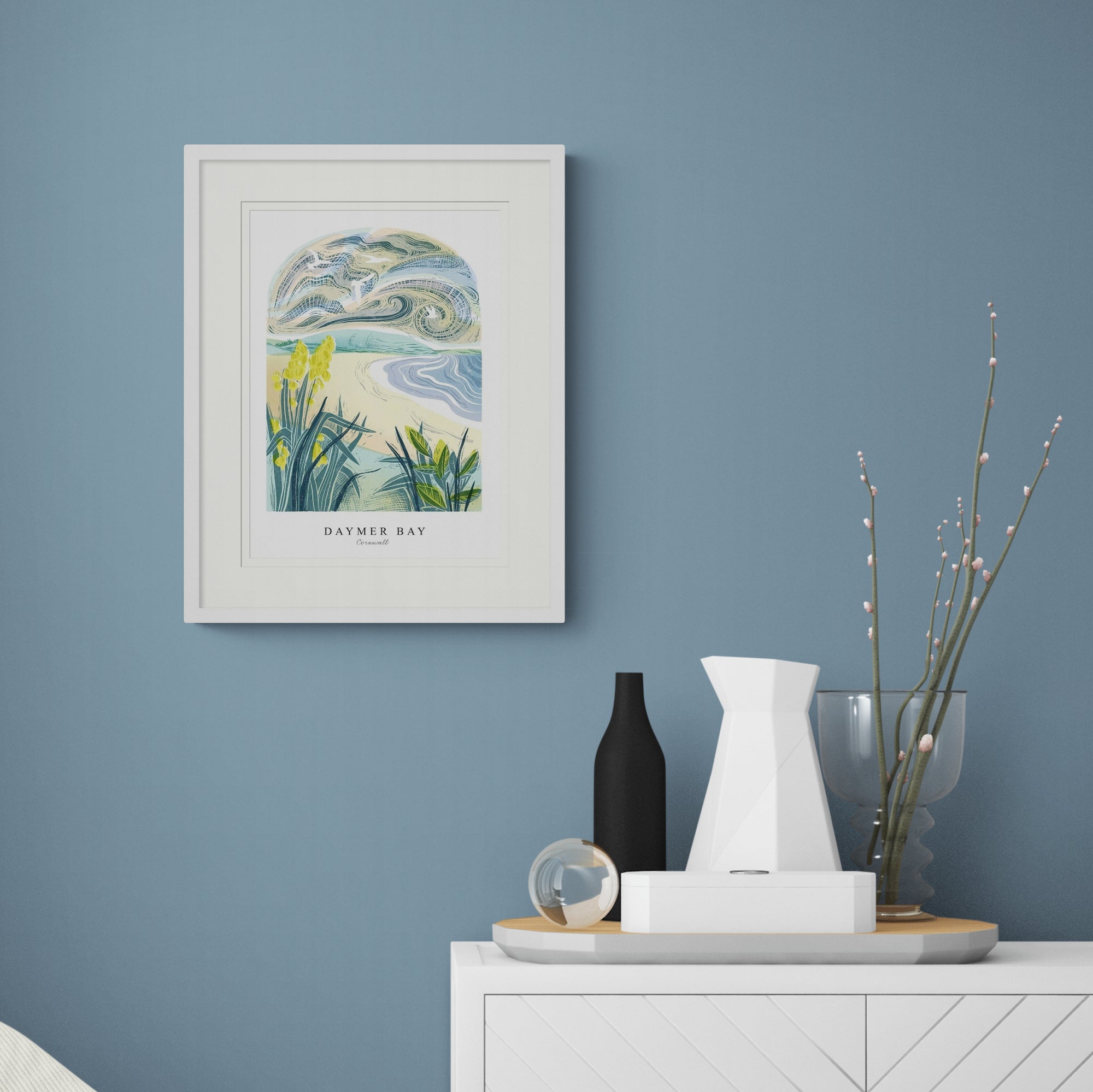 Daymer Bay Lino Small Framed Print - Whistlefish