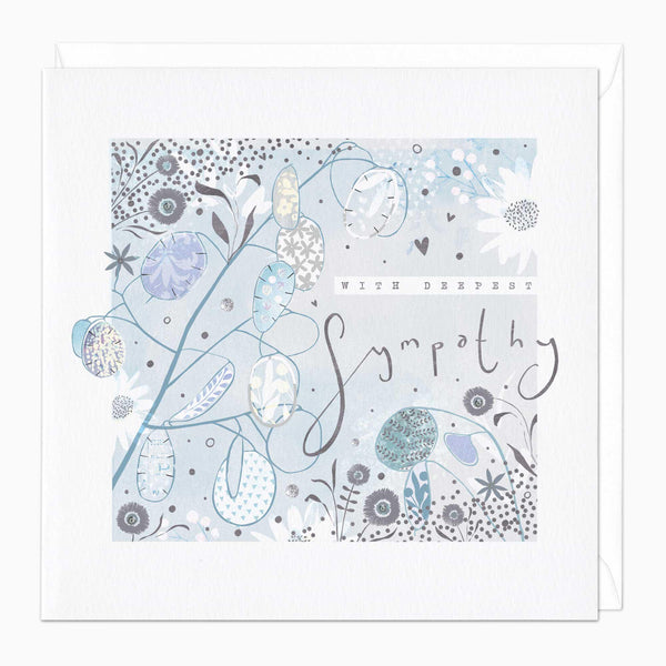 Lunaria Deepest Sympathy card featuring blue and grey botanical illustrations with delicate patterns and elegant lettering.