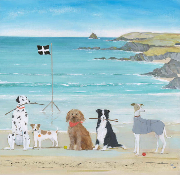 Man's Best Friend Medium Framed Print featuring five dogs on a sandy beach with a Cornish flag and blue sea background.