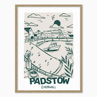 Padstow lino print featuring a harbour scene with a boat, buildings, and coffee in a light wood frame.