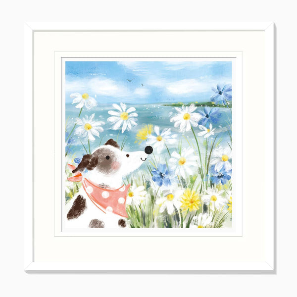 Patch and the Daisies framed print featuring a spotted dog in a polka dot neckerchief amidst blue and white flowers.