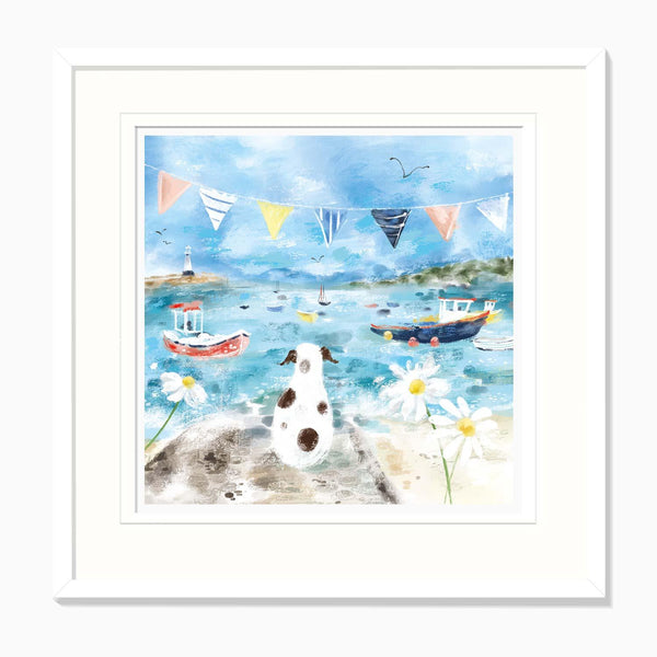 Patch at the Harbour framed print featuring a spotted dog looking at colourful boats, bunting, and daisies by the sea.