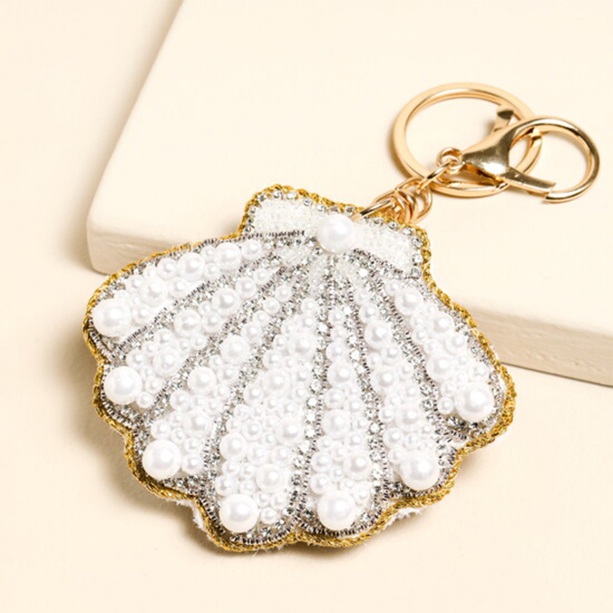 Keyring-82679 - Pearl Beaded Shell Keyring Bag Charm-Lisa Angel