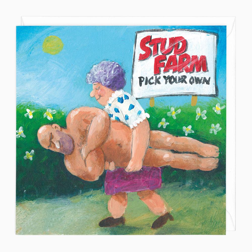 Pick Your Own Art Card featuring a cartoon woman carrying a man past a Stud Farm sign in a sunny, floral meadow.