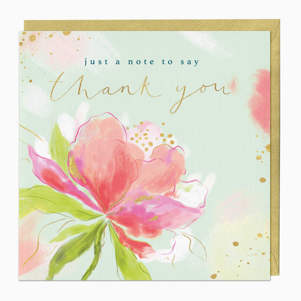 Pink Peony Thank You card featuring a watercolour flower on a pale green background with a gold envelope.