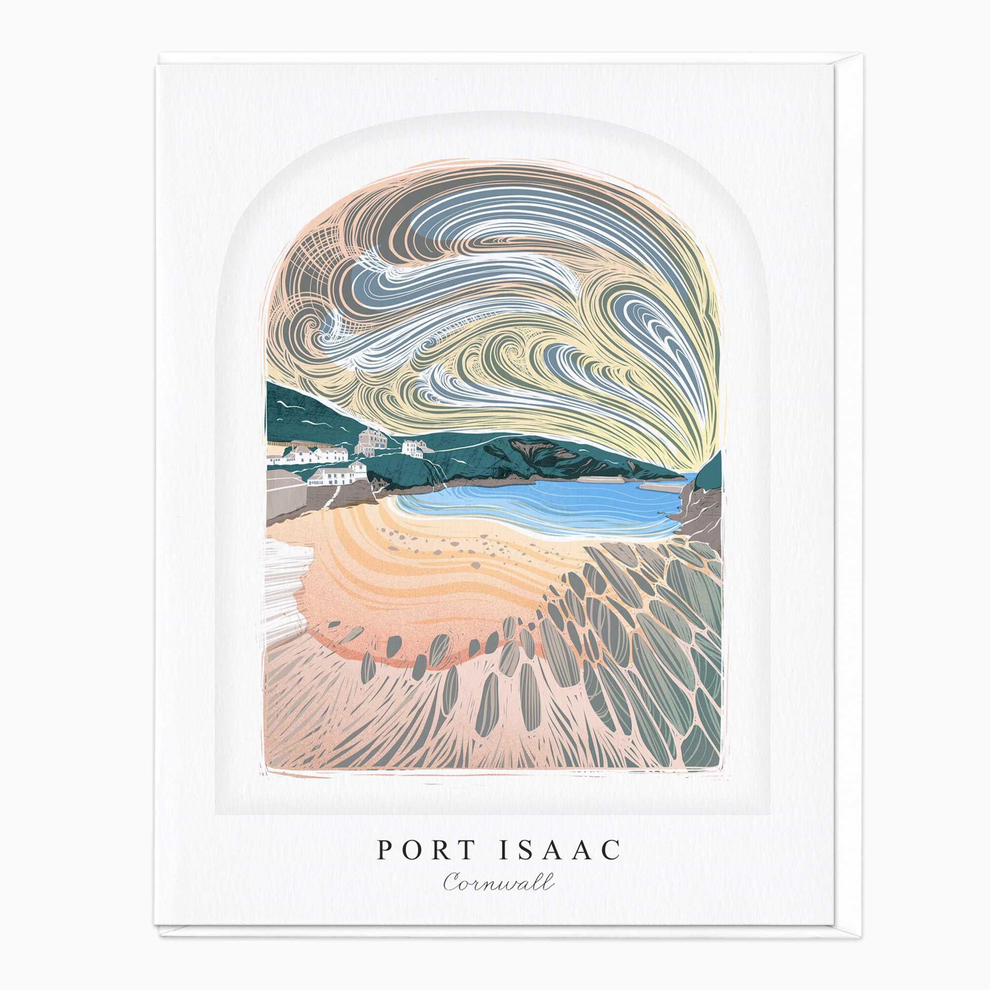 Greeting Card-LN070 - Port Isaac Arched Lino Card-Whistlefish