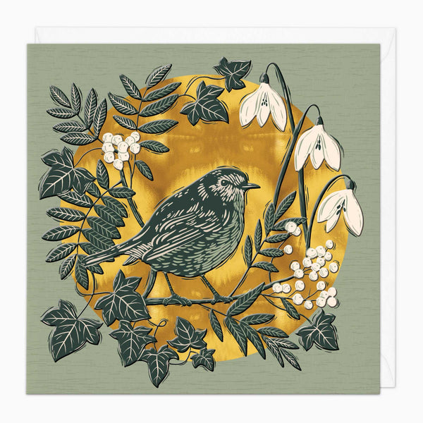 Robin & Rowan Celtic art card featuring a dark green bird, white snowdrops, and berries against a circular gold background.