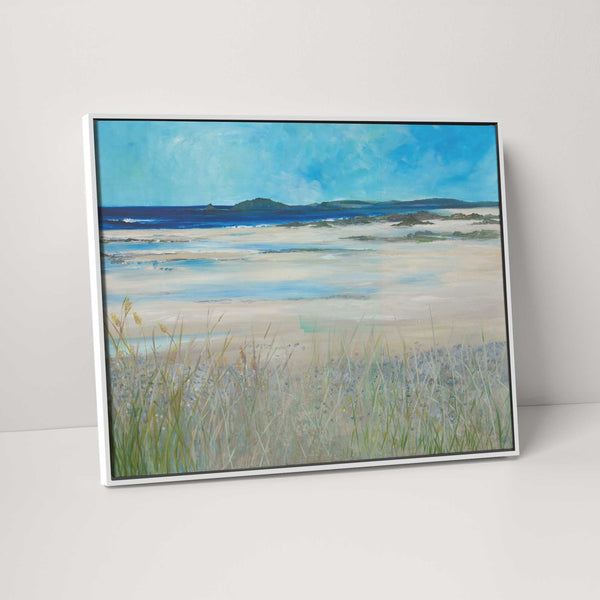 Rock Estuary framed canvas featuring a coastal landscape with sandy shores, blue sea, and dune grasses in a white frame.