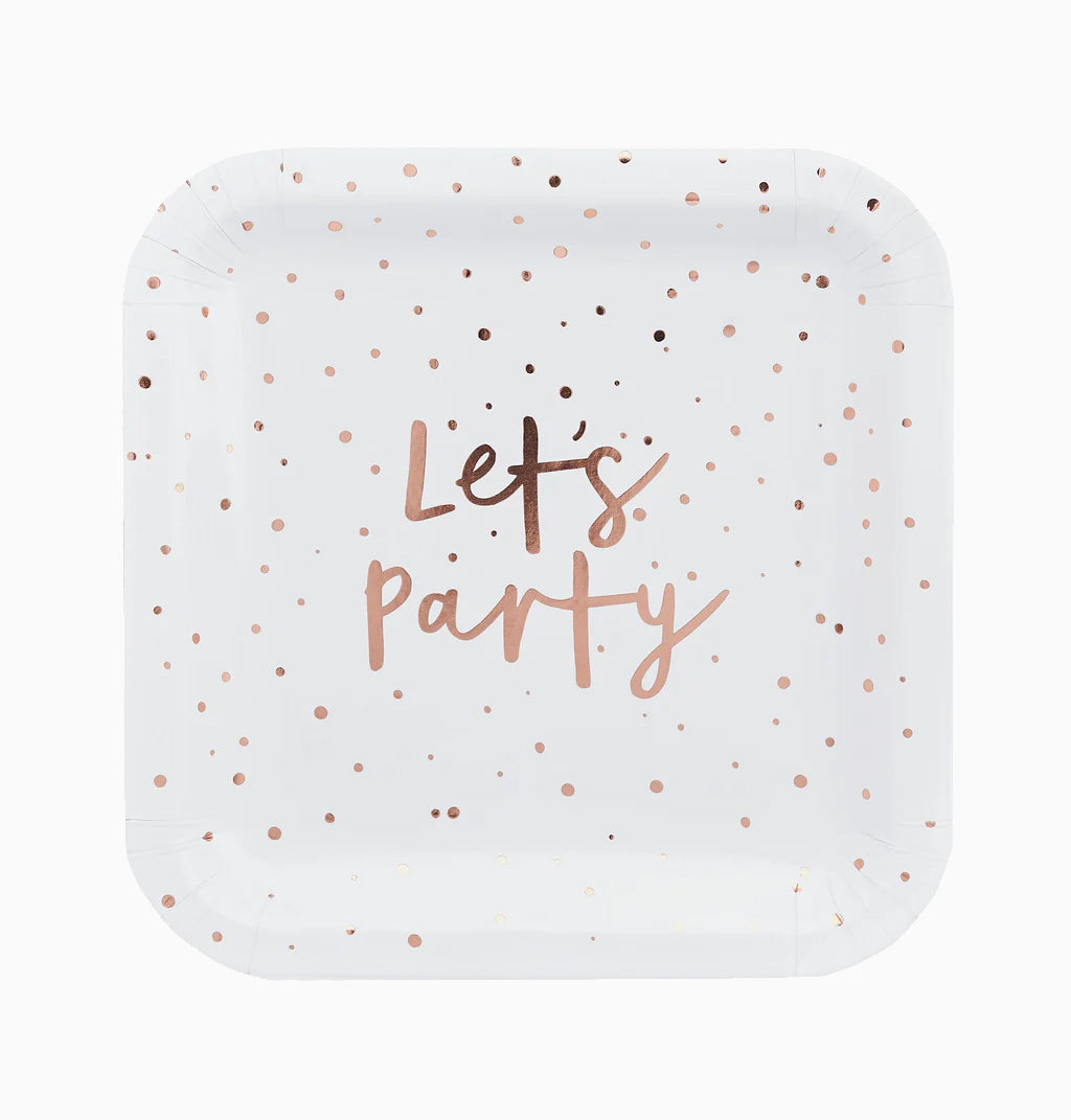 Paper Plates-HBMM142 - Rose Gold 'Let's Party' Paper Plates 8pc-HootyBalloo